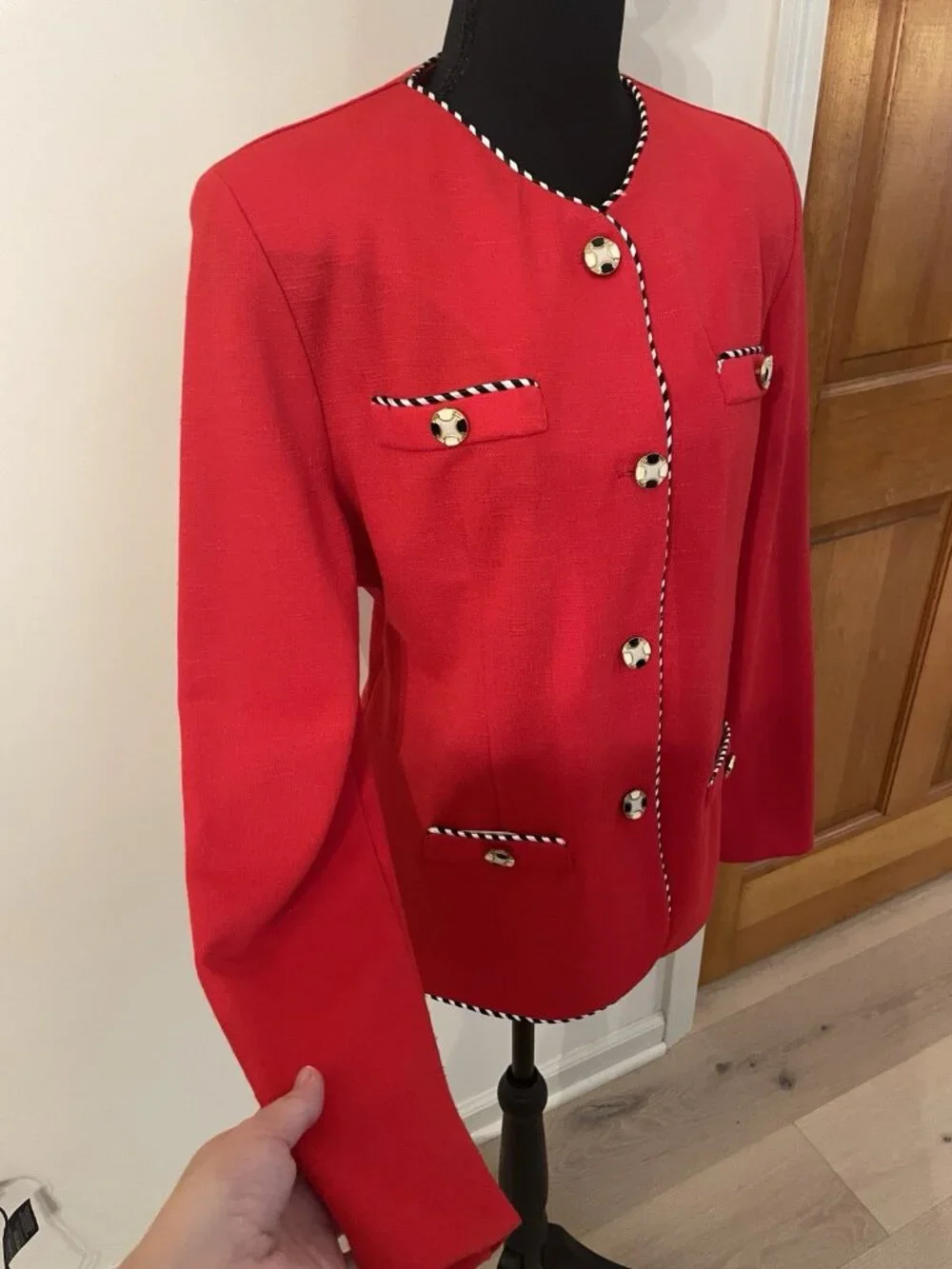 Vintage Red Suit Jacket Blazer, Striped Trim, Retro Dressy Buttons Old Money, 12